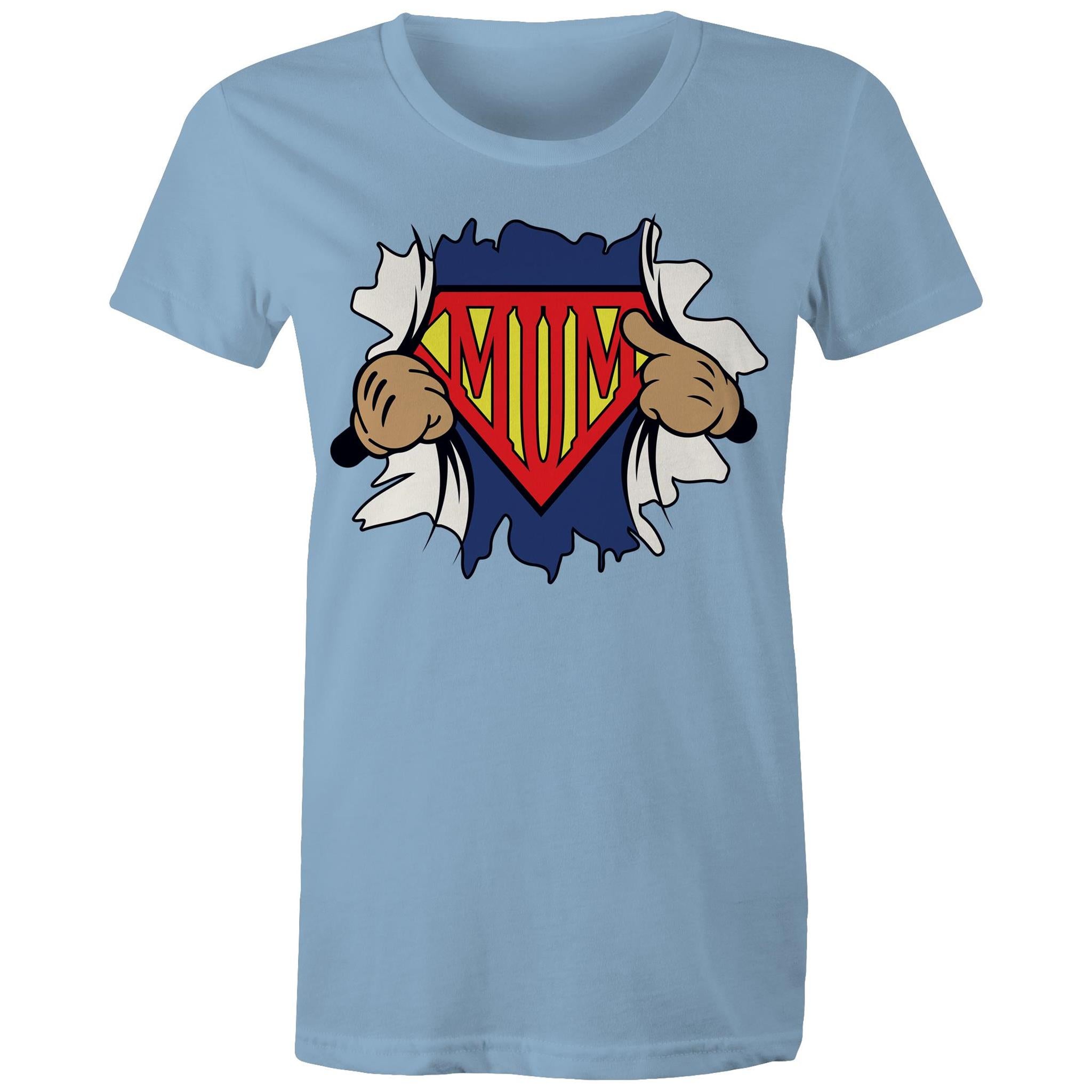 Super Mum - Womens T-shirt Carolina Blue Womens T-shirt comic Mum Printed In Australia