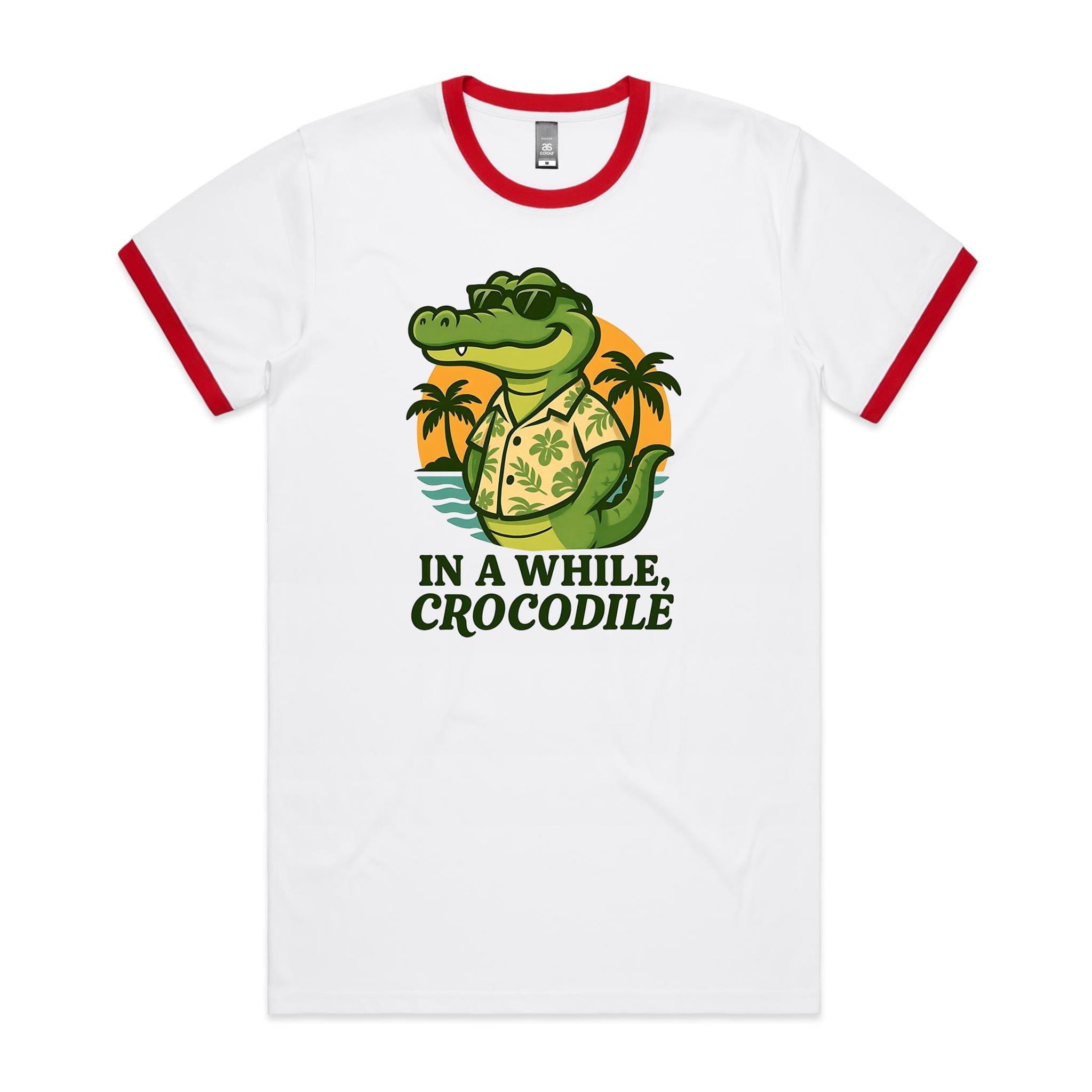 In A While, Crocodile AS Colour Staple Ringer Tee White Red Ringer T-Shirt animal Printed In Australia