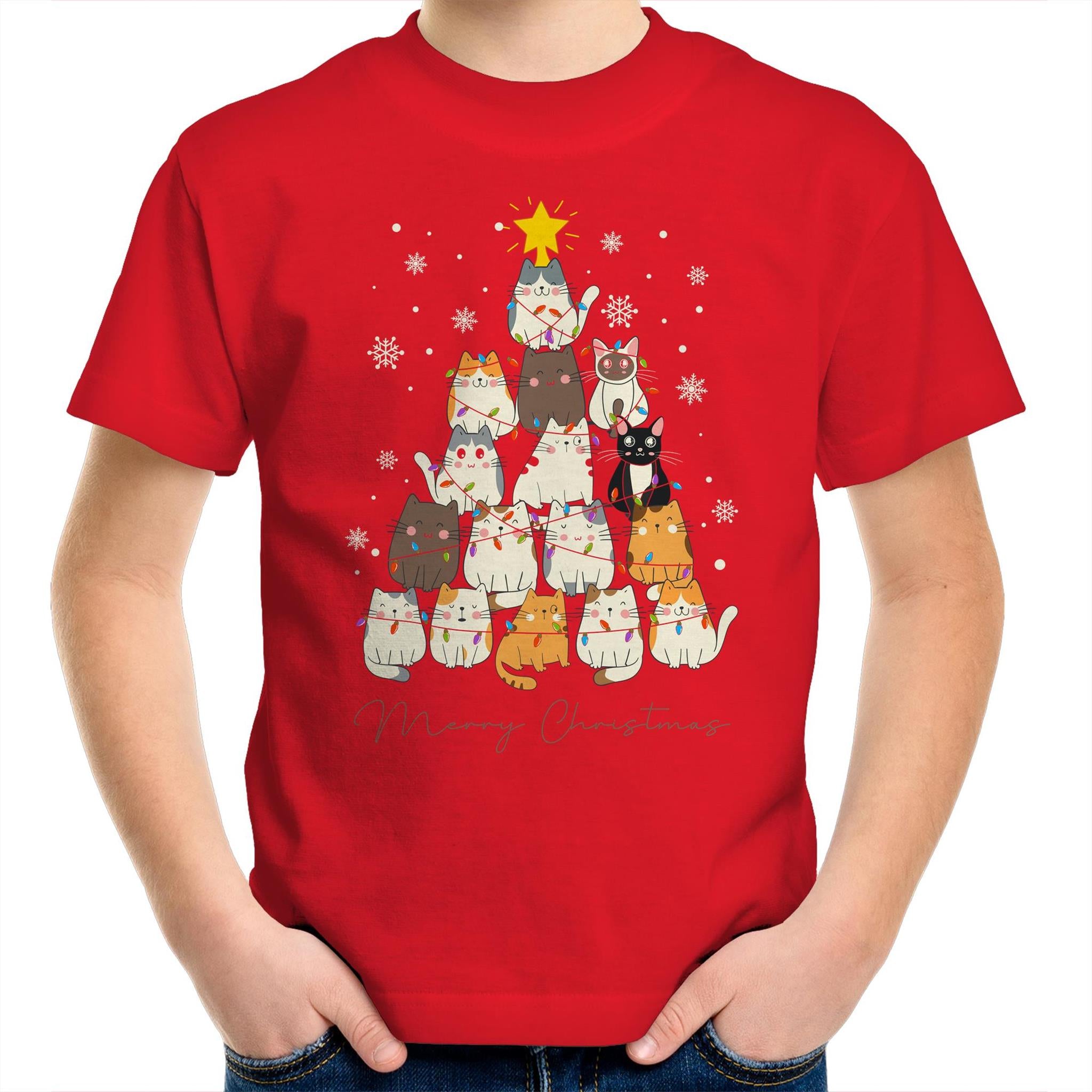 Cats Merry Christmas - Kids Youth T-Shirt Red Kids Christmas T-shirt Christmas Printed In Australia