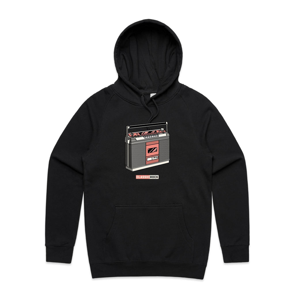 Classic Rock, Cassette Player - Mens Hoodie Black Mens Hoodie Music Printed In Australia