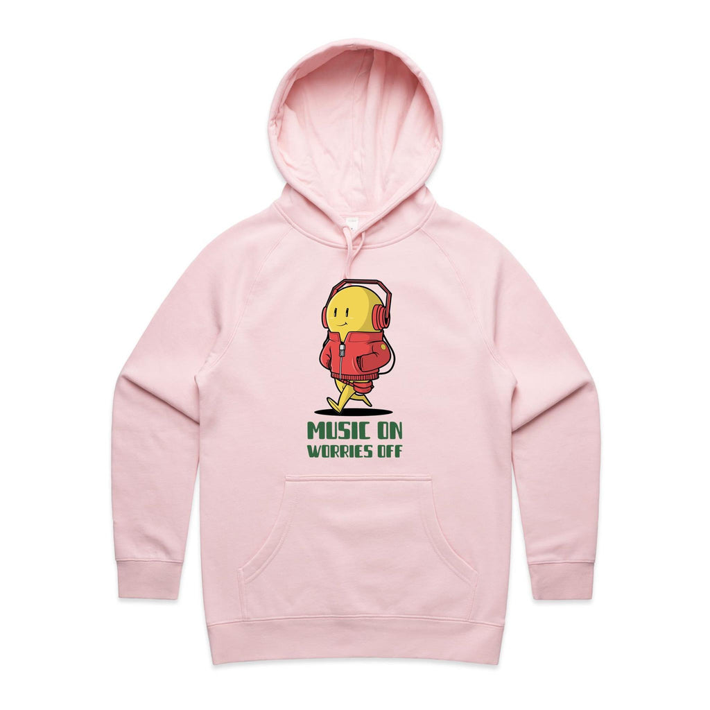 Music On, Worries Off - Womens Hoodie Pink Womens Hoodie Music Printed In Australia