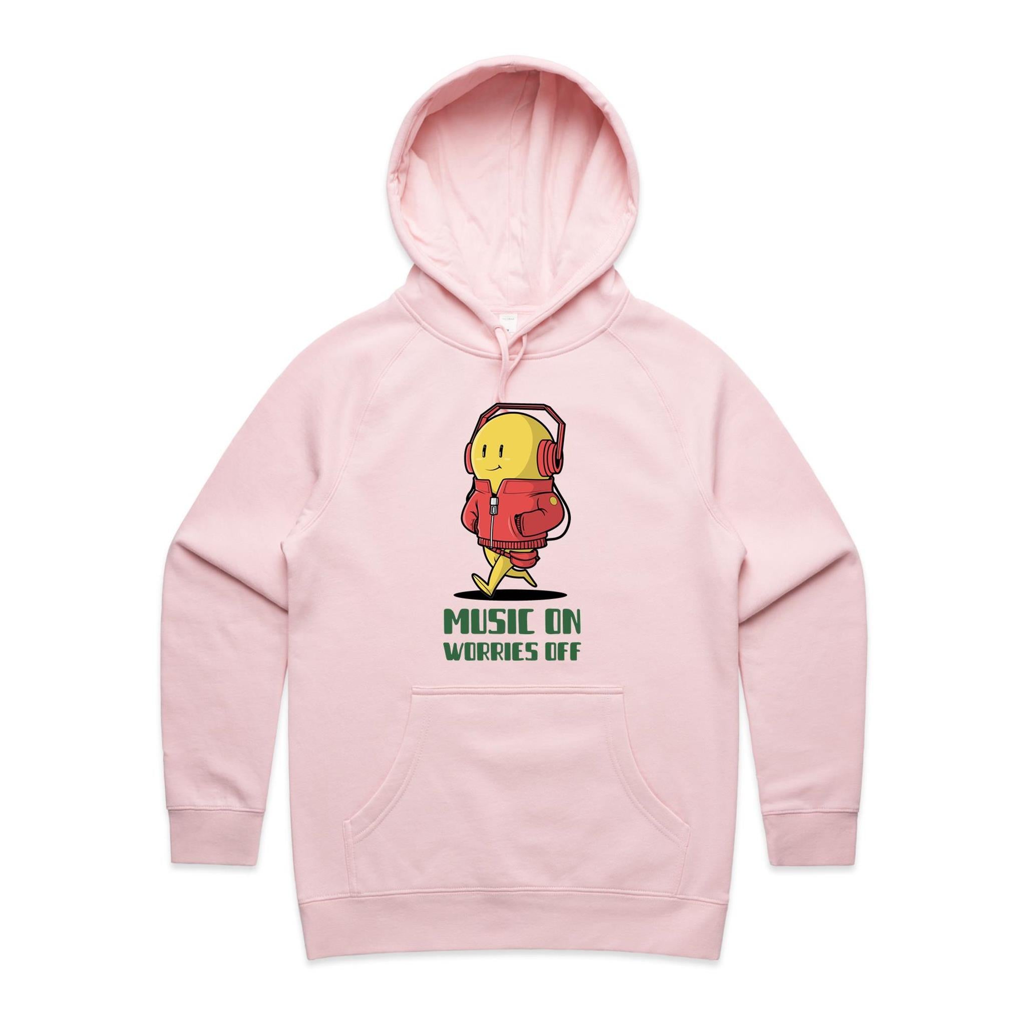 Music On, Worries Off - Womens Hoodie Pink Womens Hoodie Music Printed In Australia