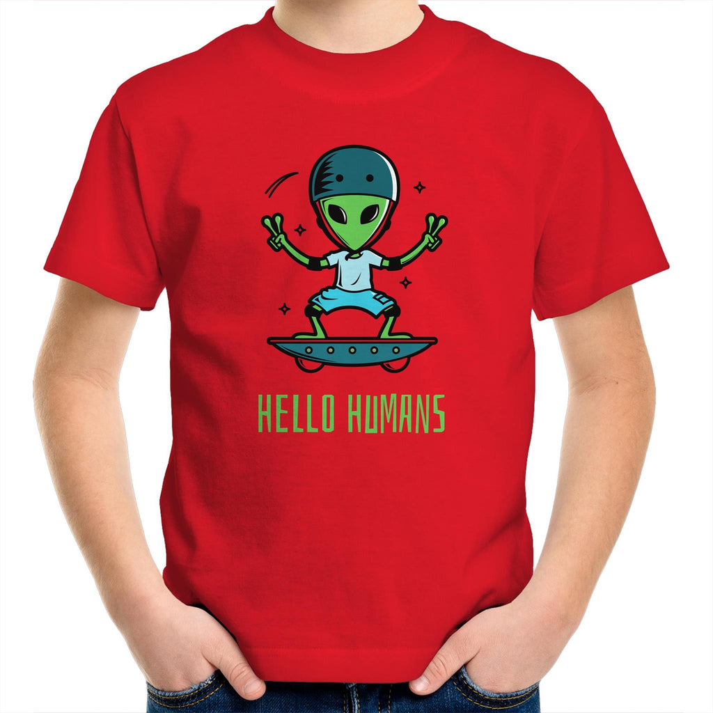 Hello Humans, Alien - Kids Youth T-Shirt Red Kids Youth T-shirt Printed In Australia Sci Fi