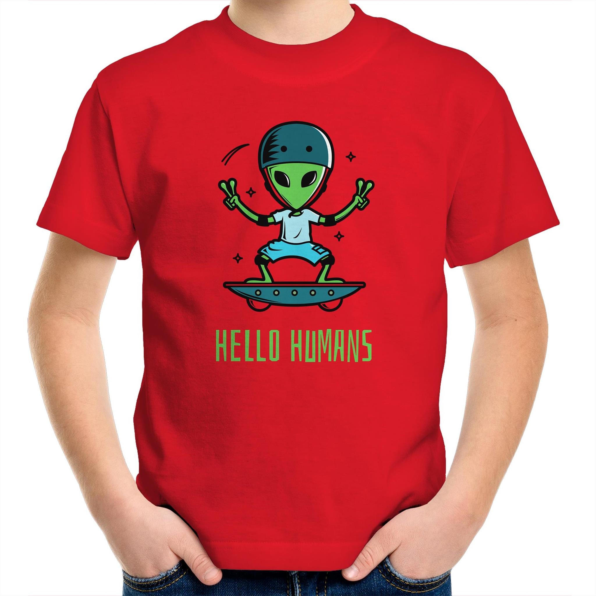 Hello Humans, Alien - Kids Youth T-Shirt Red Kids Youth T-shirt Printed In Australia Sci Fi