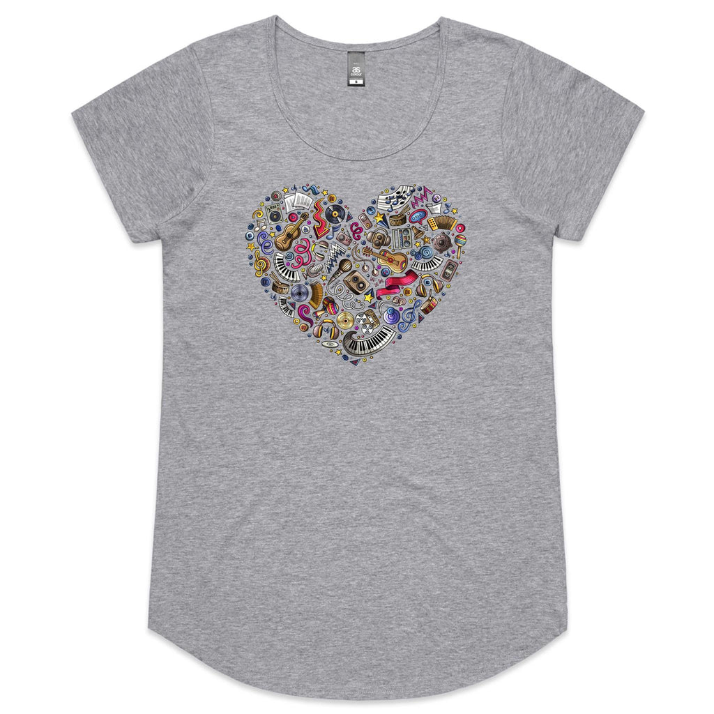 Heart Music - Womens Scoop Neck T-Shirt Grey Marle Womens Scoop Neck T-shirt Love Music Printed In Australia
