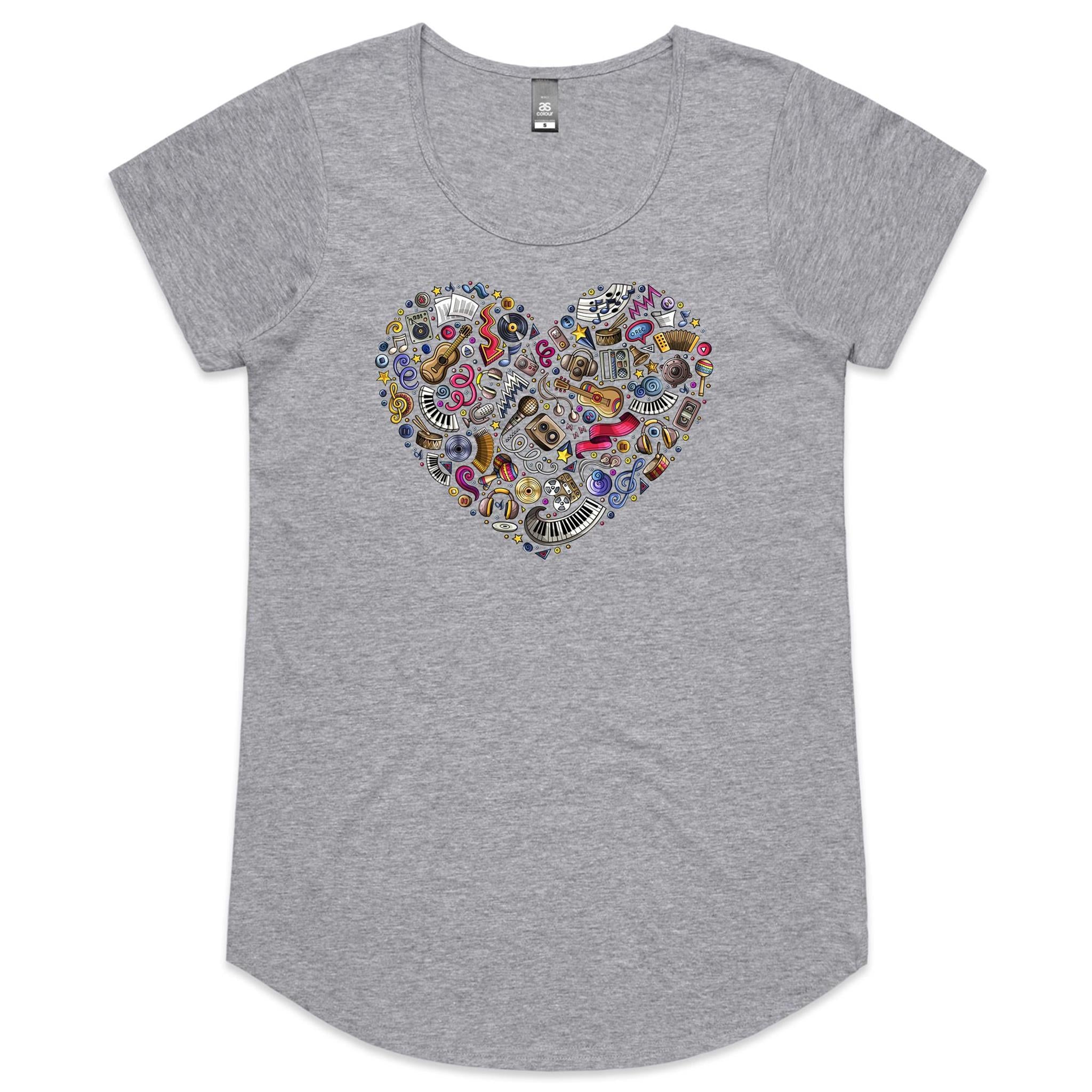 Heart Music - Womens Scoop Neck T-Shirt Grey Marle Womens Scoop Neck T-shirt Love Music Printed In Australia