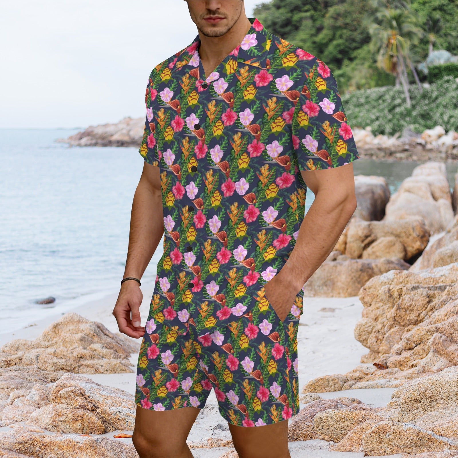 Tropical Floral Men's Hawaiian Shirt & Shorts Set Men's Hawaiian Shirt & Shorts Set Plants Printed Offshore