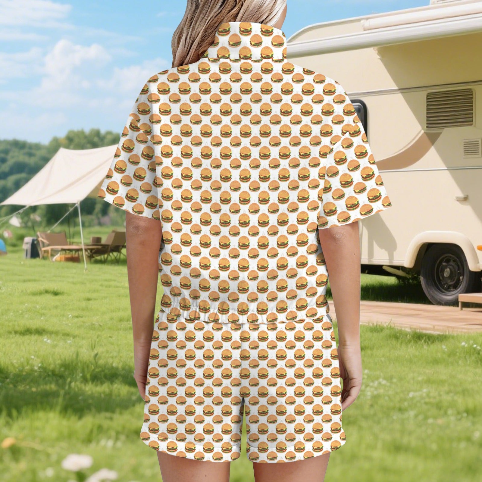 Hamburgers on White Women's Windbreaker Short Set Women's Windbreaker Short Set Food Printed Offshore