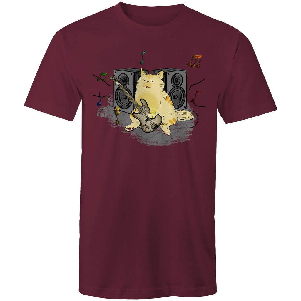 Cat Bass Player - Mens T-Shirt Burgundy Mens T-shirt animal Music Printed In Australia