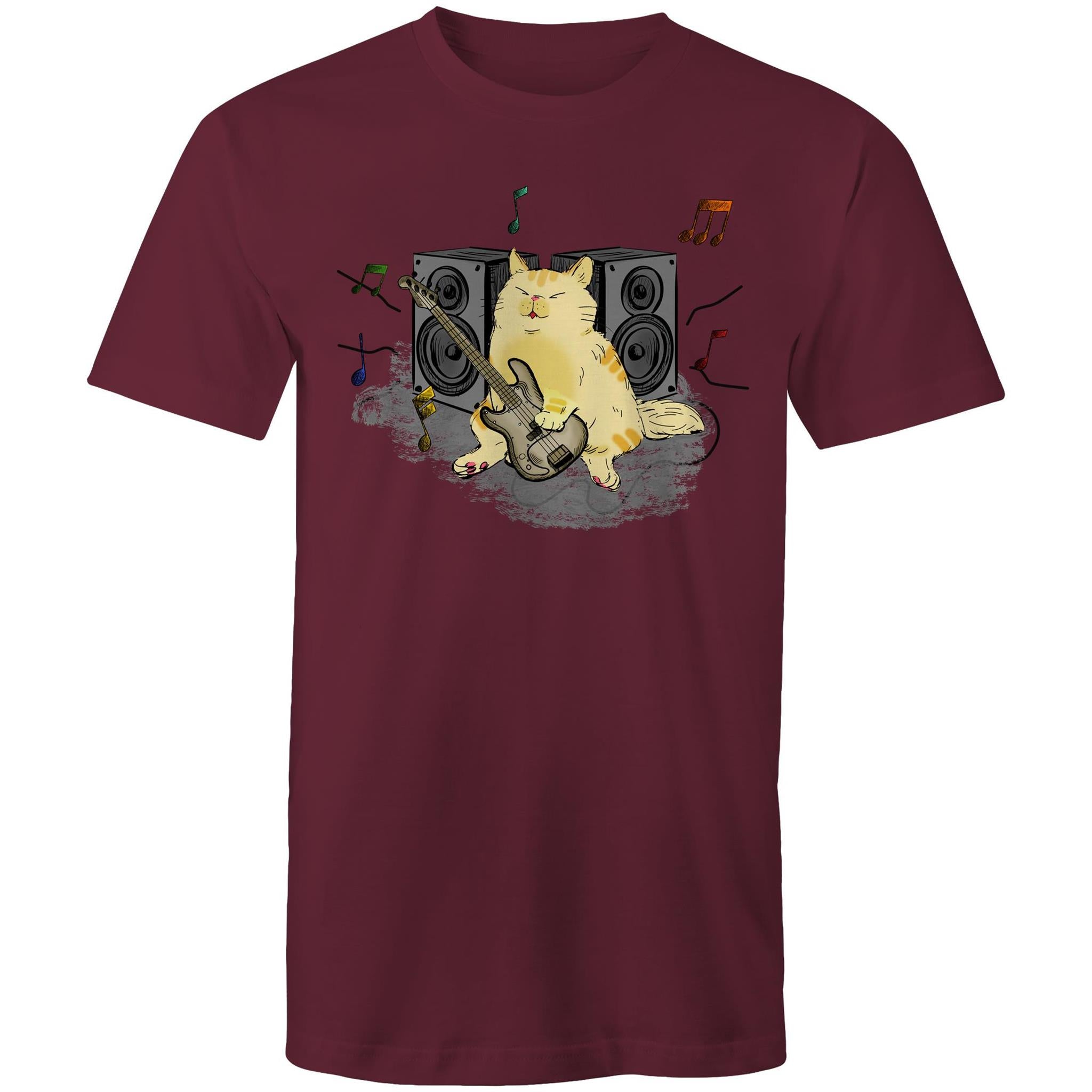 Cat Bass Player - Mens T-Shirt Burgundy Mens T-shirt animal Music Printed In Australia