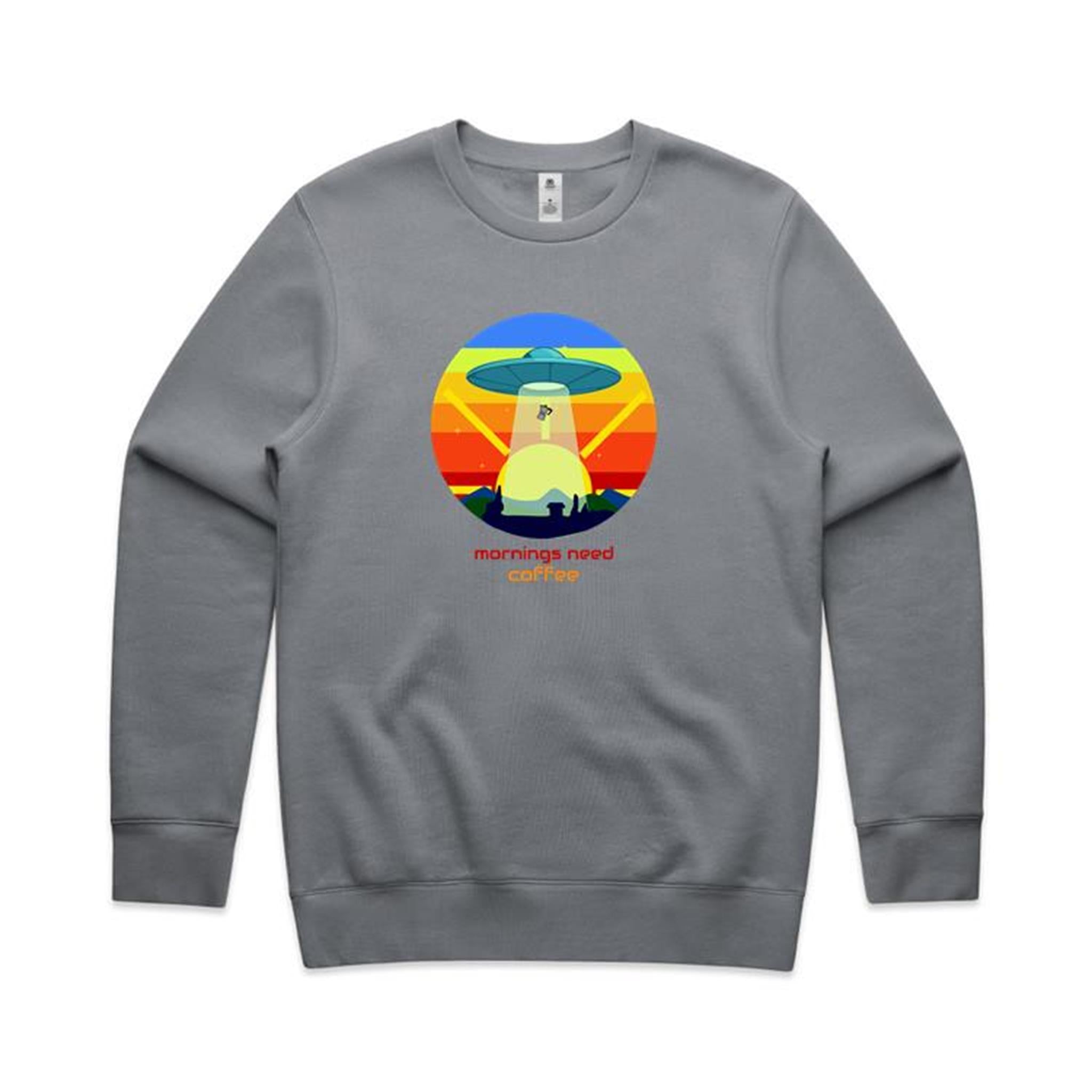 Mornings Need Coffee, UFO - AS Colour Stencil Crew Gravel Sweatshirt Coffee Printed In Australia Sci Fi
