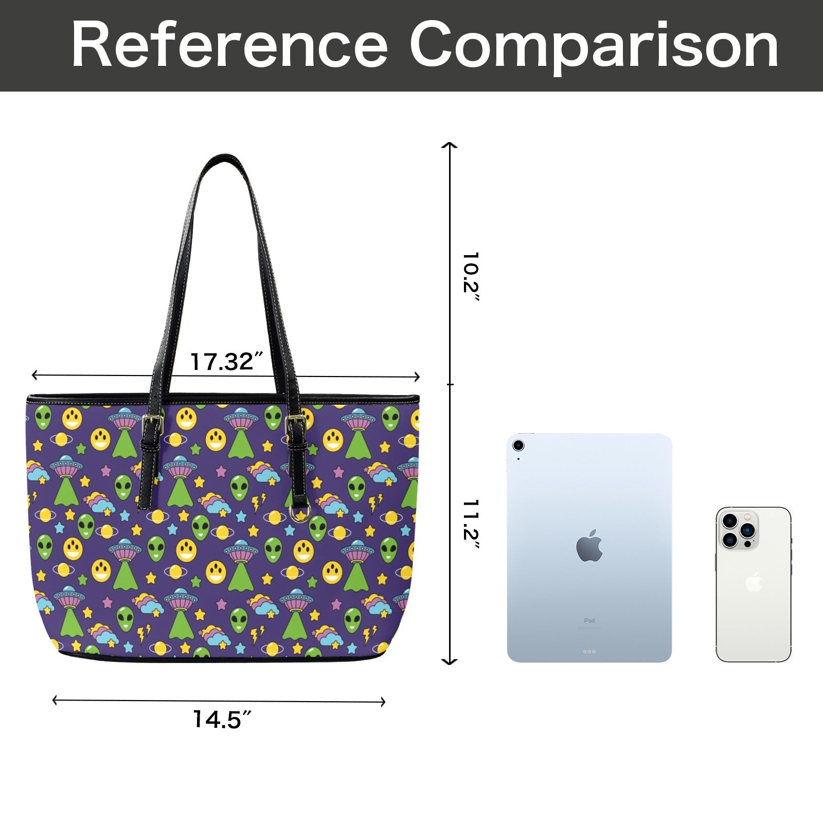 Groovy Alien And UFO PU Leather Tote Bag Large