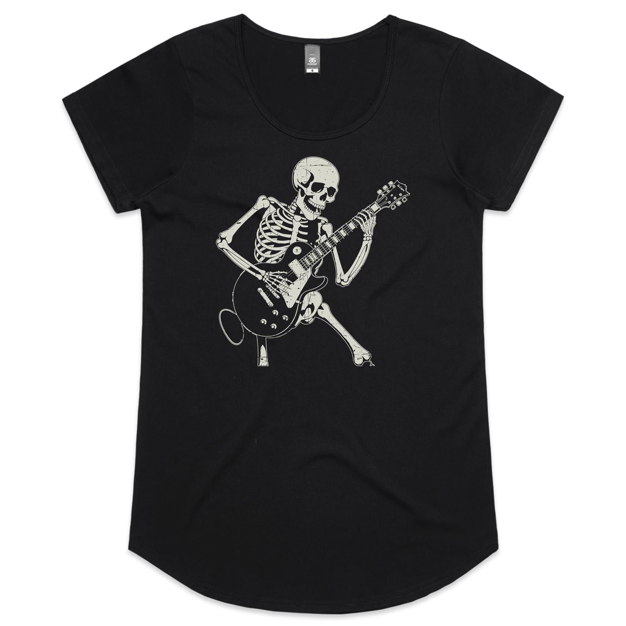 Skeleton Playing Guitar Women's AS Colour Scoop Neck T-Shirt Black Womens Scoop Neck T-shirt Music Printed In Australia