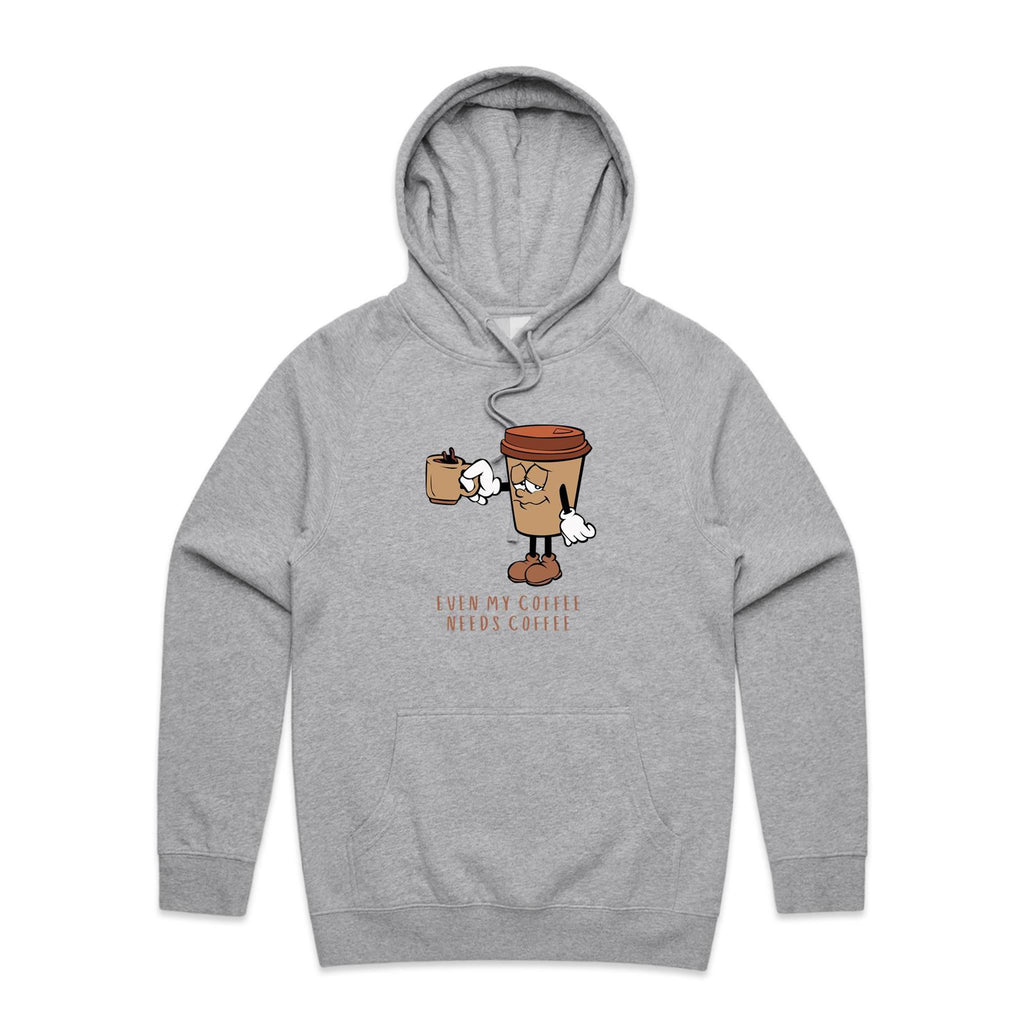 Even My Coffee Needs Coffee - Mens Hoodie Grey Marle Mens Hoodie Coffee Printed In Australia
