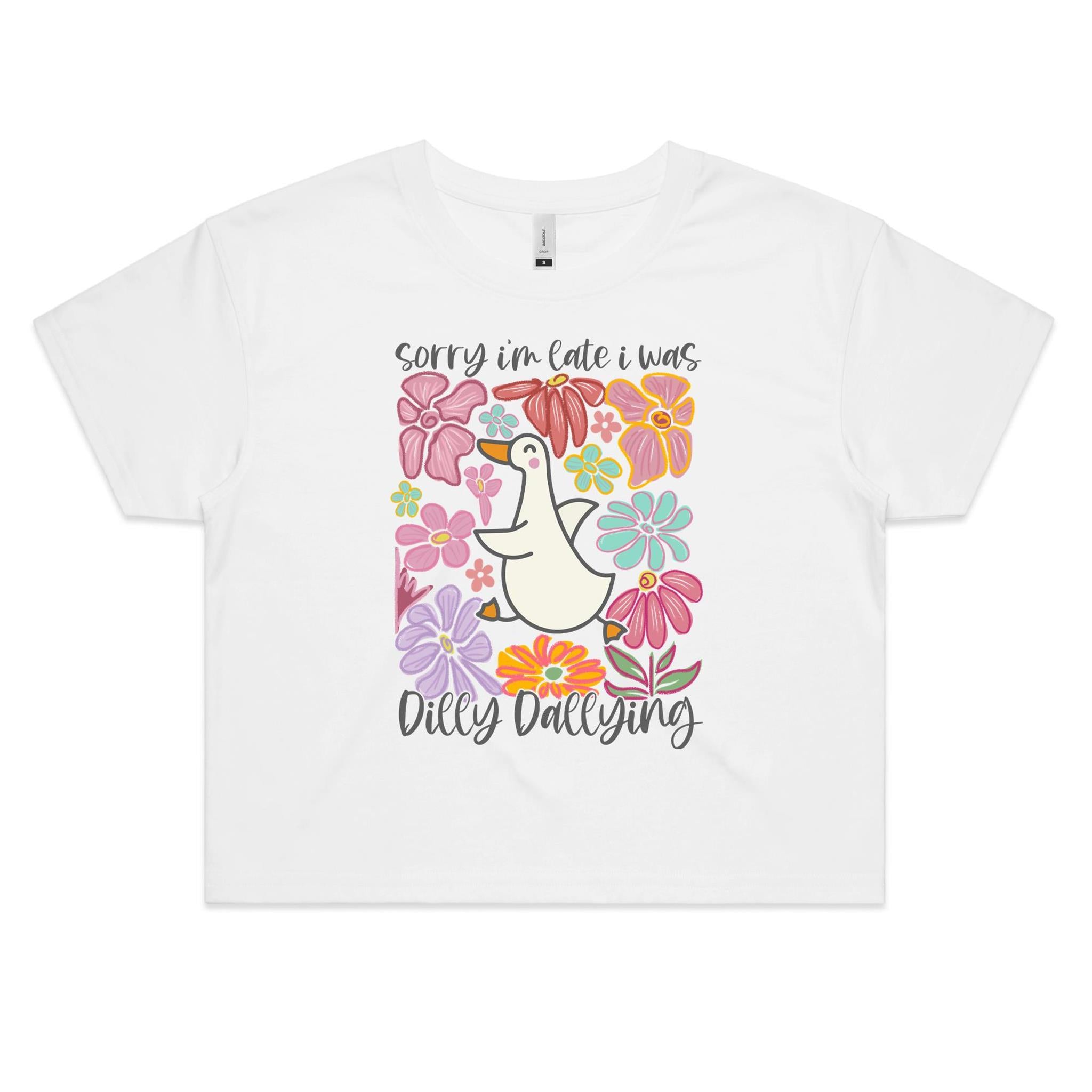 Sorry I'm Late I Was Dilly Dallying Women's AS Colour Crop Tee White animal Printed In Australia