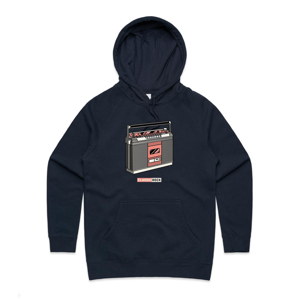 Classic Rock, Cassette Player - Womens Hoodie Navy Womens Hoodie Music Printed In Australia