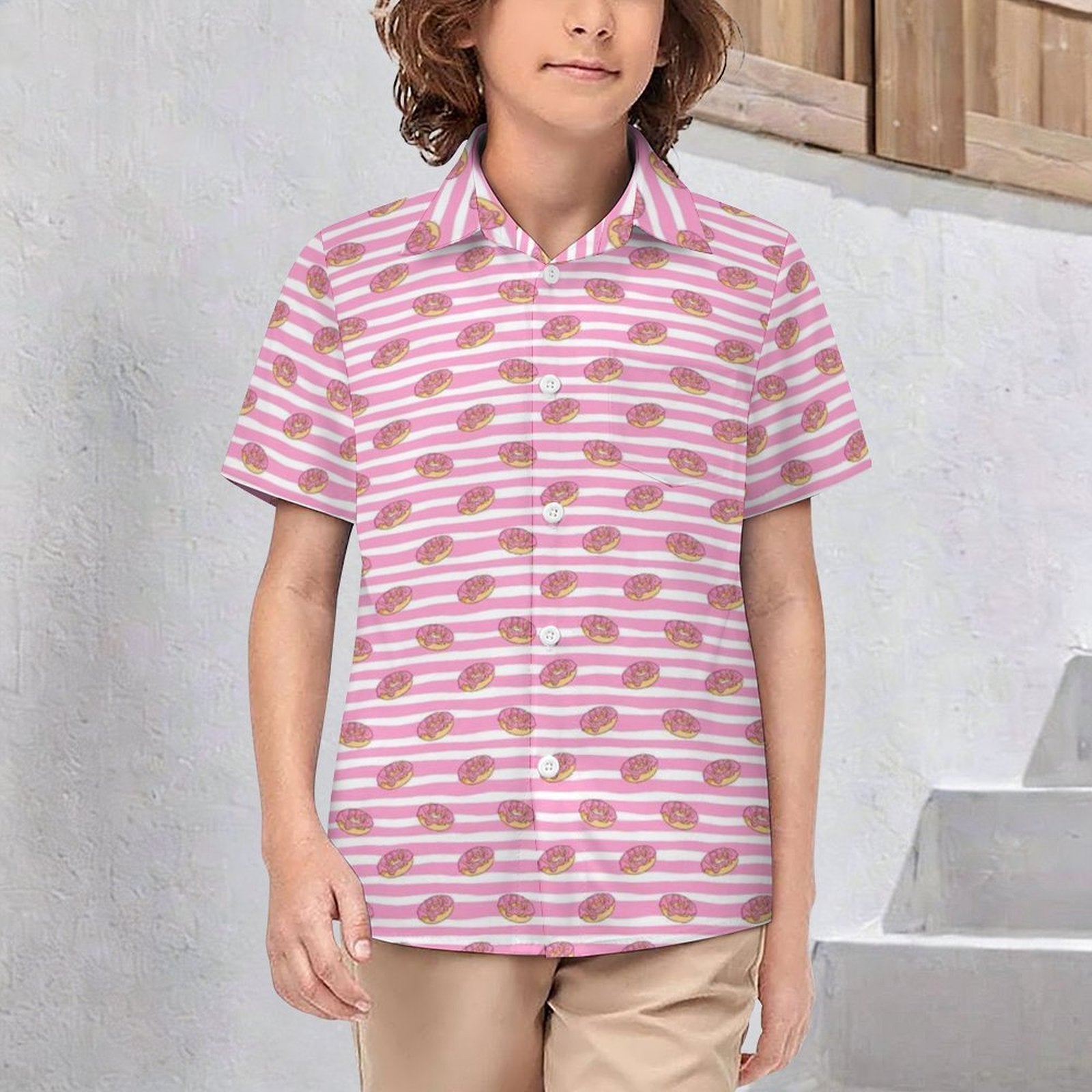 Pink Doughnut Stripes Kids Youth Short Sleeve Button Up Shirt