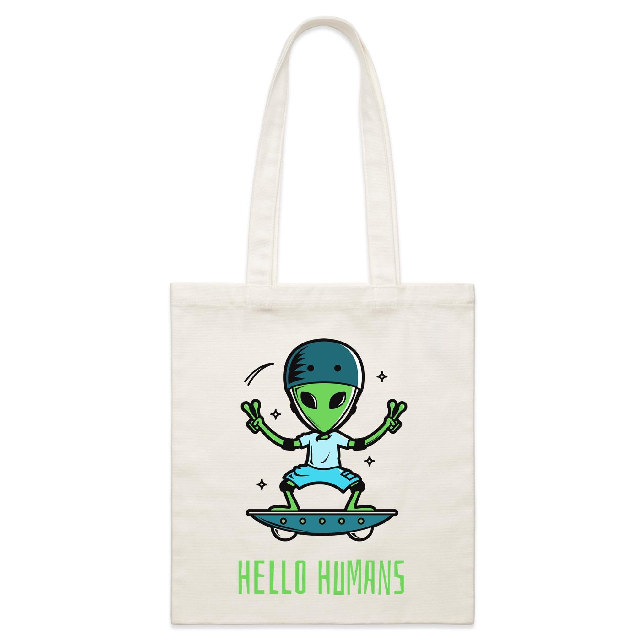Hello Humans, Alien - Parcel Canvas Tote Bag Default Title Small Tote Bag Printed In Australia Sci Fi