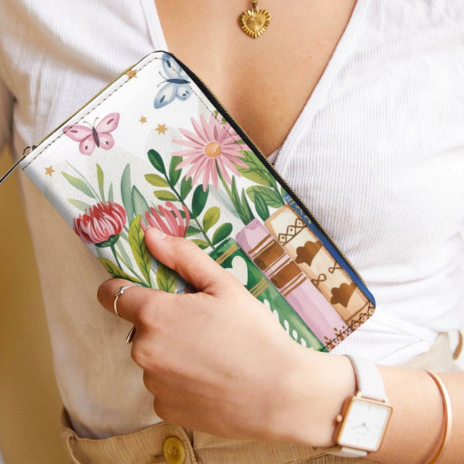 Books, Flowers And Butterfly -  PU Leather Wallet