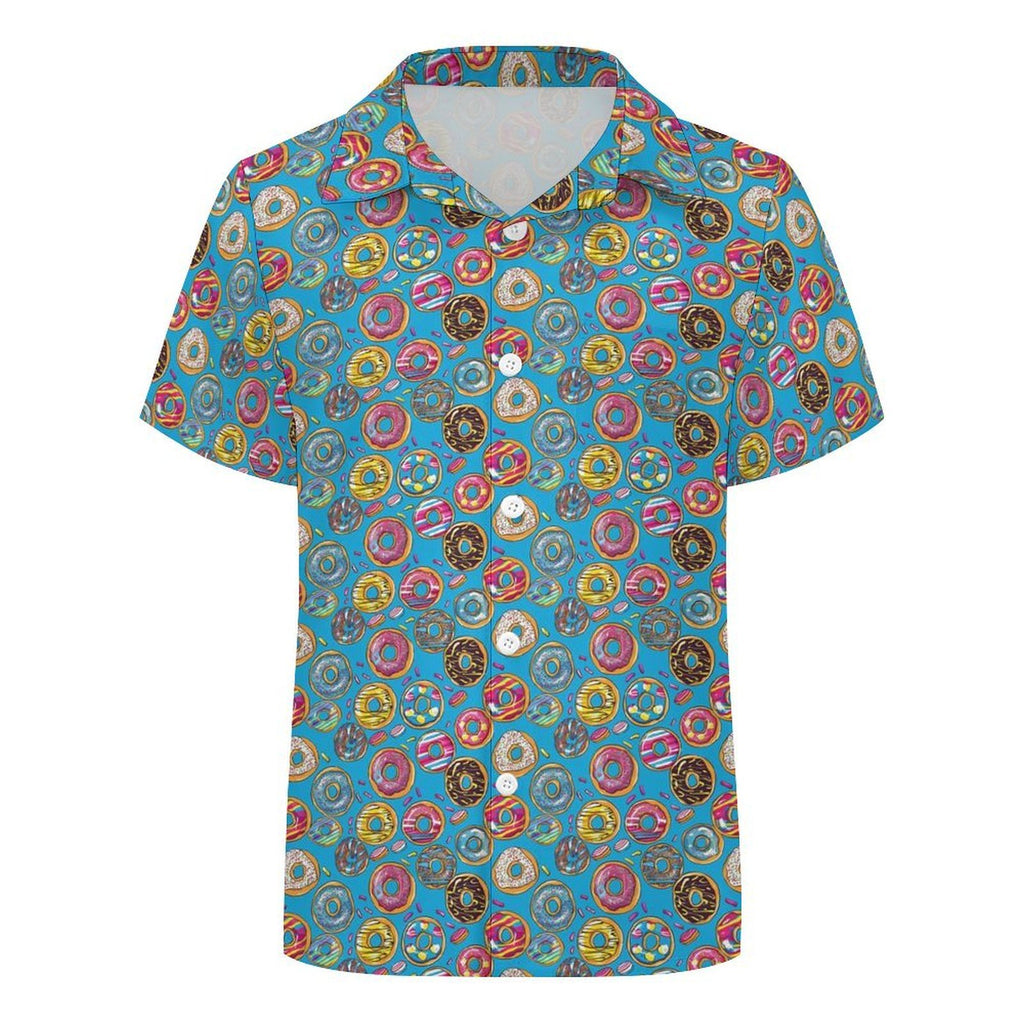 Doughnuts On Blue Kids Youth Short Sleeve Button Up Shirt