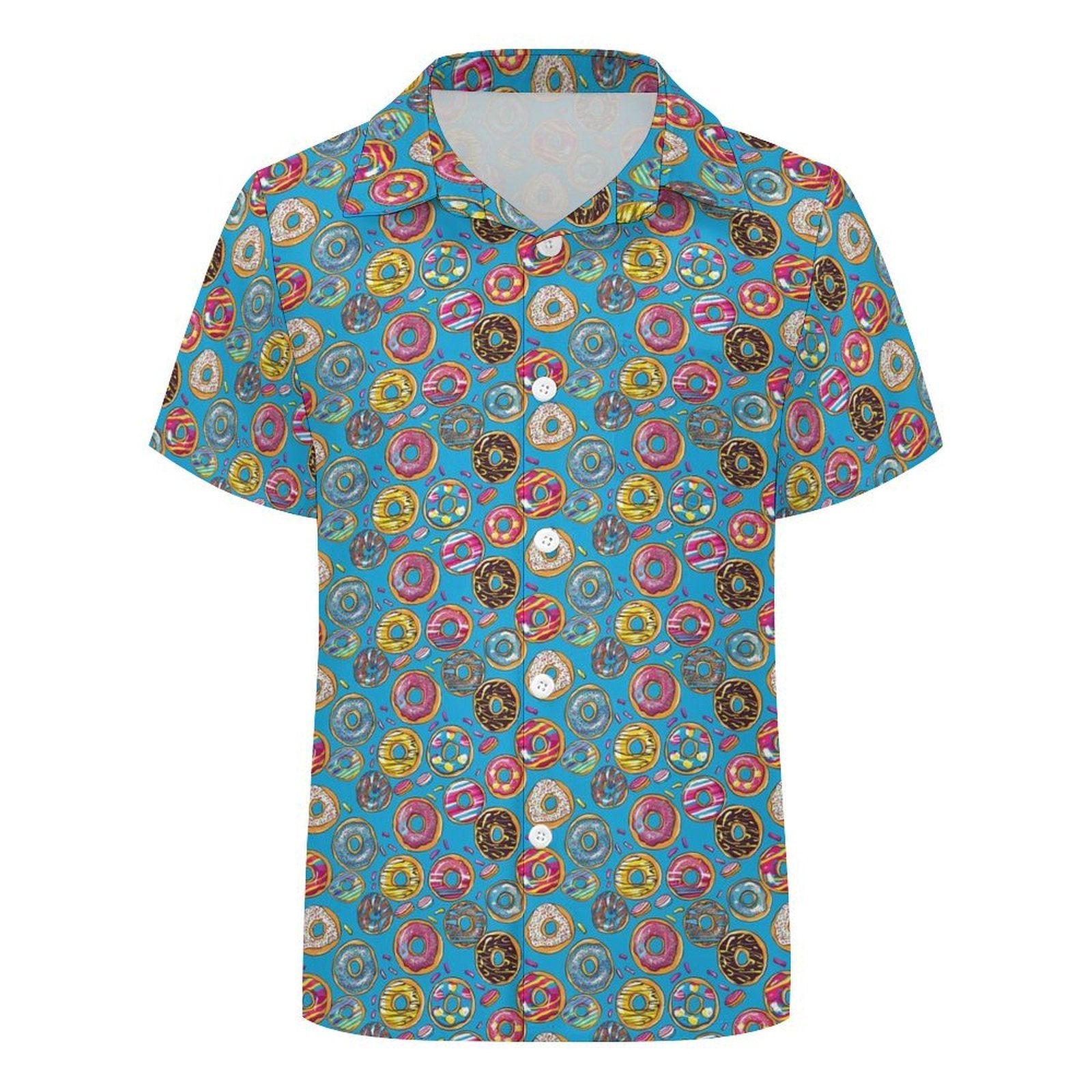 Doughnuts On Blue Kids Youth Short Sleeve Button Up Shirt