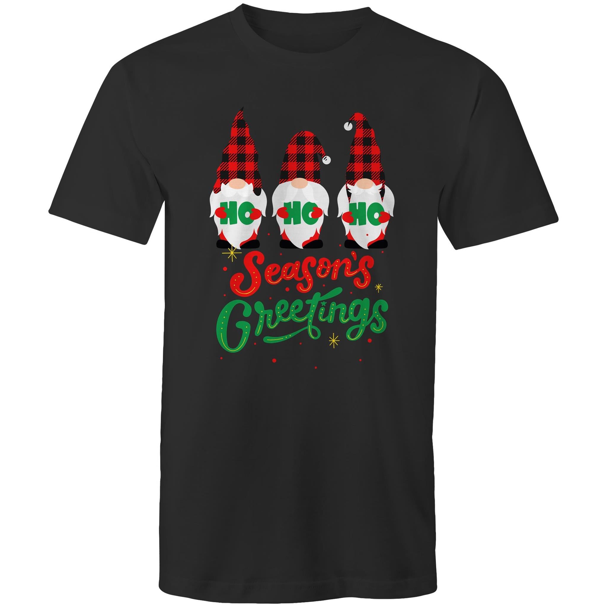 Christmas Gnomes Seasons Greetings - Mens T-Shirt Black Mens Christmas T-shirt Christmas Printed In Australia