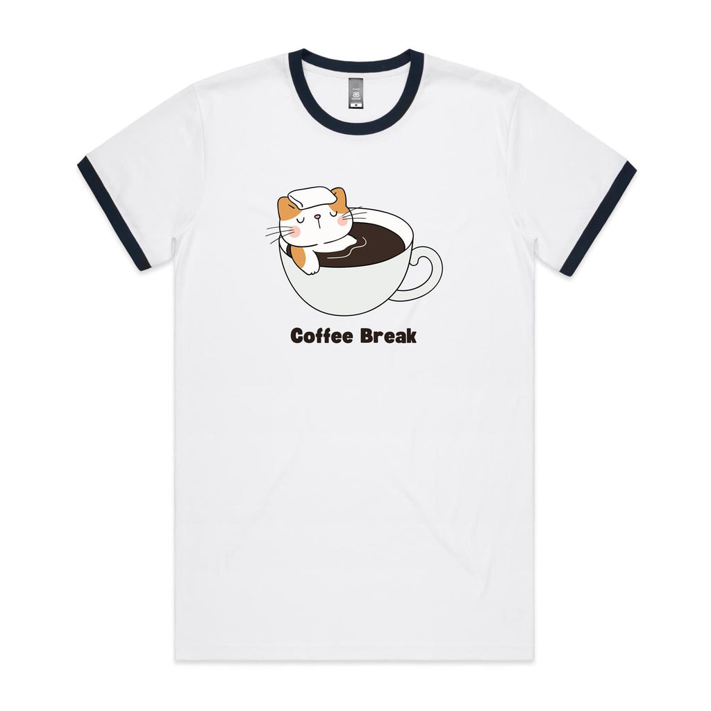 Coffee Break, Cat - Staple Ringer Tee White Navy Ringer T-Shirt animal Coffee Printed In Australia