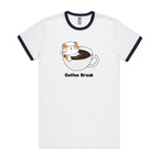 Coffee Break, Cat - Staple Ringer Tee White Navy Ringer T-Shirt animal Coffee Printed In Australia