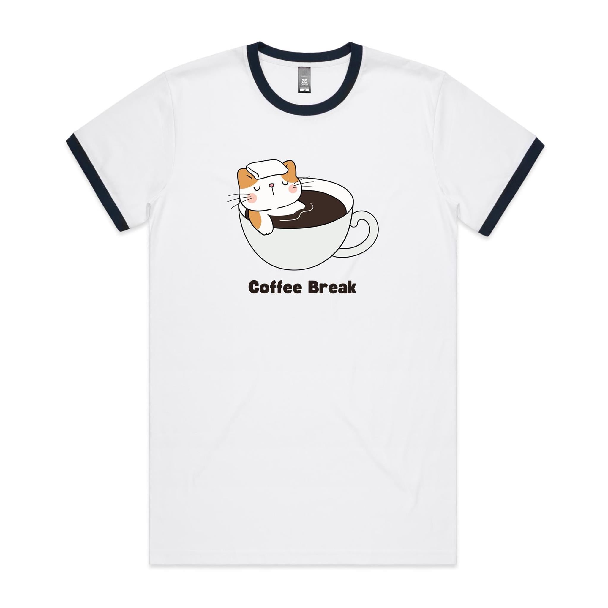 Coffee Break, Cat - Staple Ringer Tee White Navy Ringer T-Shirt animal Coffee Printed In Australia