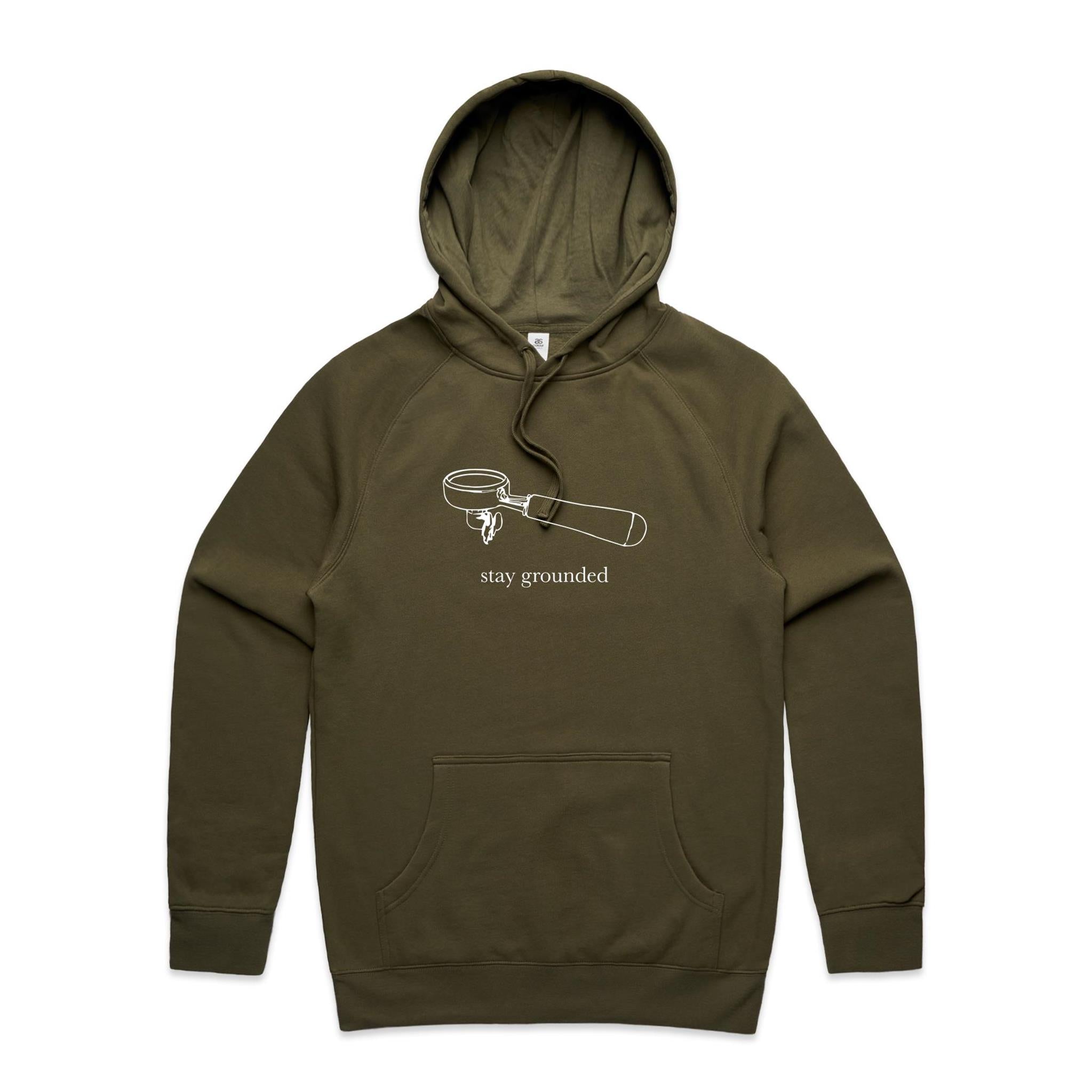 Stay Grounded, Coffee Portafilter - Mens Hoodie Army Mens Hoodie Coffee Printed In Australia