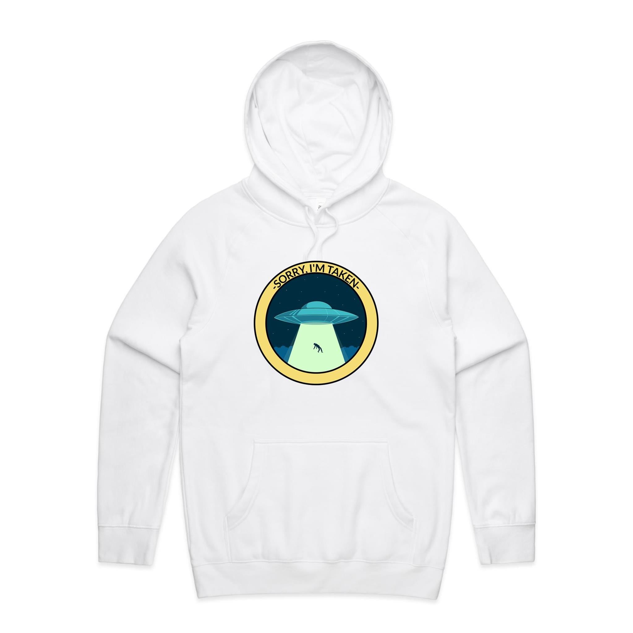 UFO Alien Abduction, Sorry I'm Taken - Mens Hoodie White Mens Hoodie Printed In Australia Sci Fi
