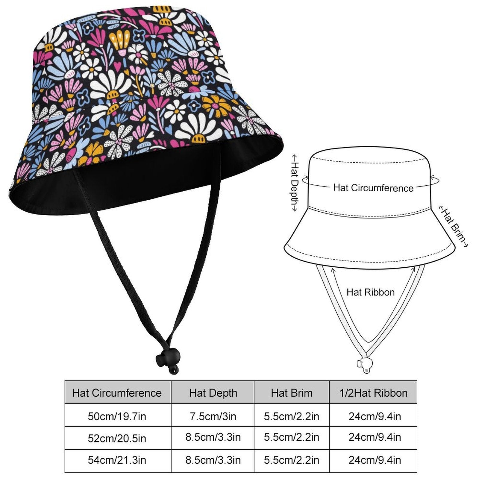 Graphic Flowers On Black - Kids Bucket Hat Kids Bucket Hat Plants Printed Offshore