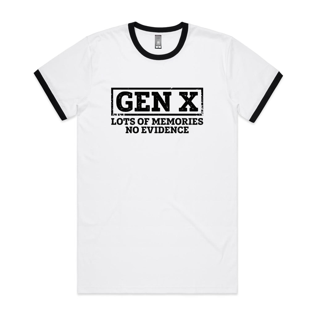 Gen X, Lots Of Memories, No Evidence Men's AS Colour Ringer Tee White Black Ringer T-Shirt Printed In Australia