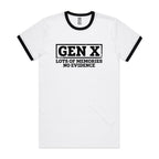 Gen X, Lots Of Memories, No Evidence Men's AS Colour Ringer Tee White Black Ringer T-Shirt Printed In Australia