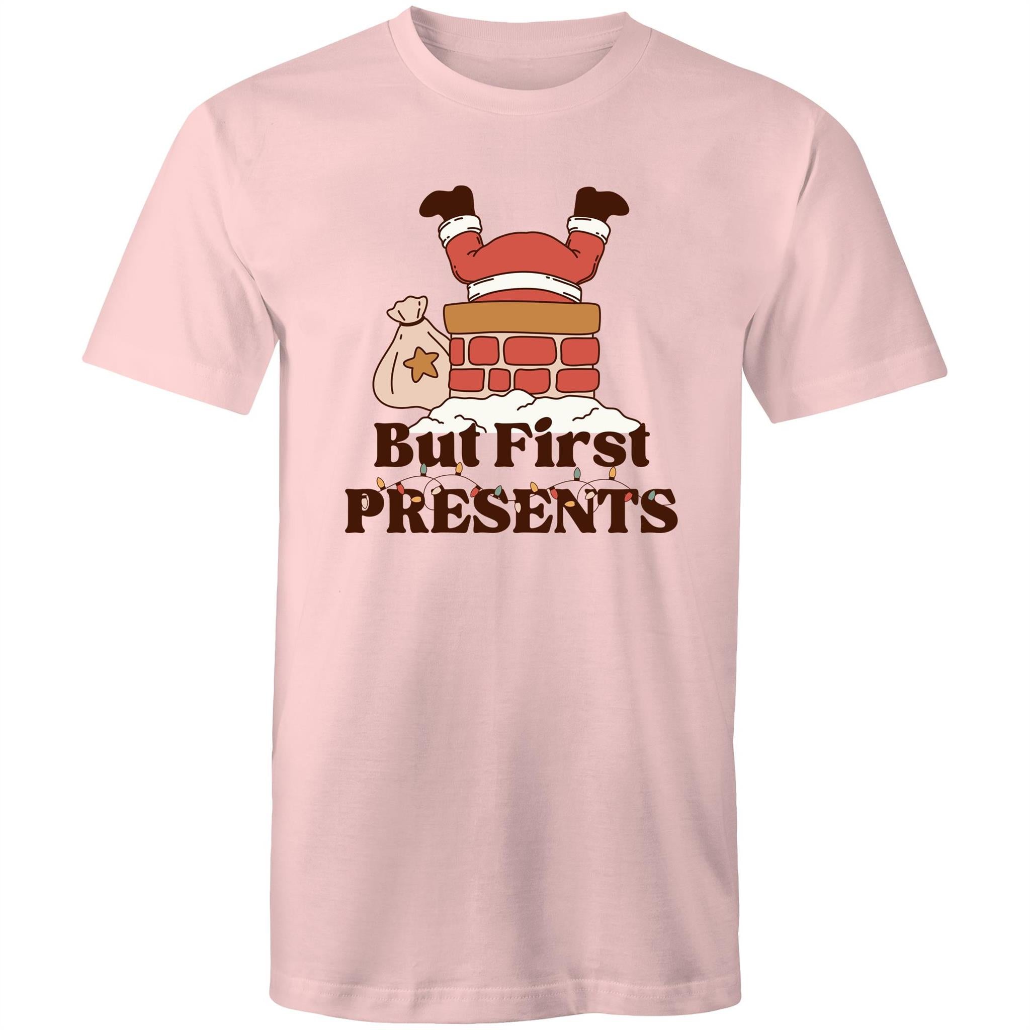 But First Presents, Santa In Chimney - Mens T-Shirt Pink