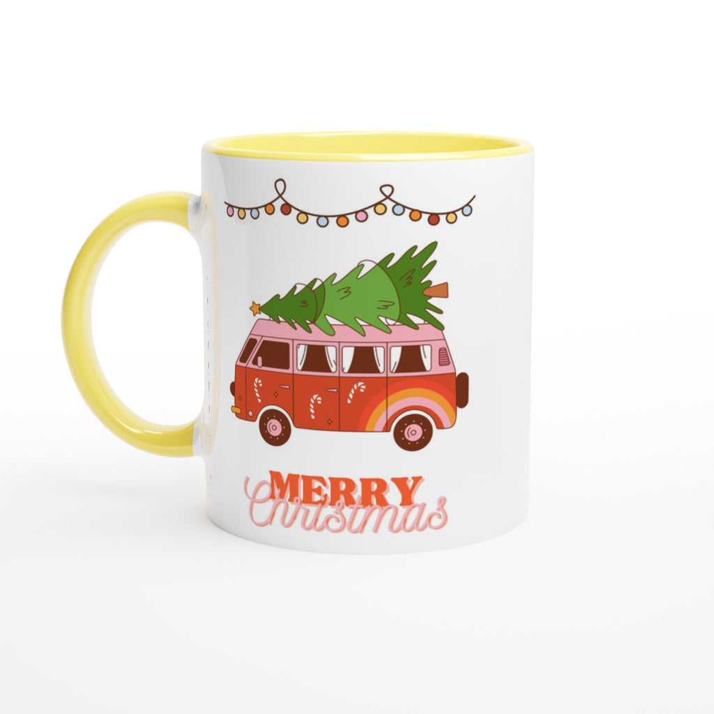 Christmas Tree On Peace Van - White 11oz Ceramic Mug with Colour Inside Ceramic Yellow Christmas Colour Mug Christmas Globally Fulfilled