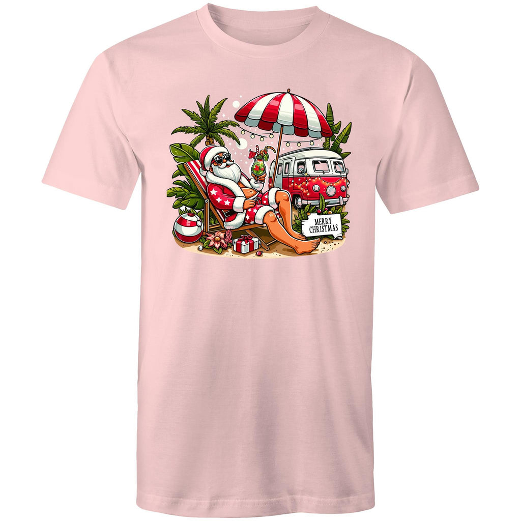 Santa By The Beach - Mens T-Shirt Pink Mens Christmas T-shirt Christmas Printed In Australia