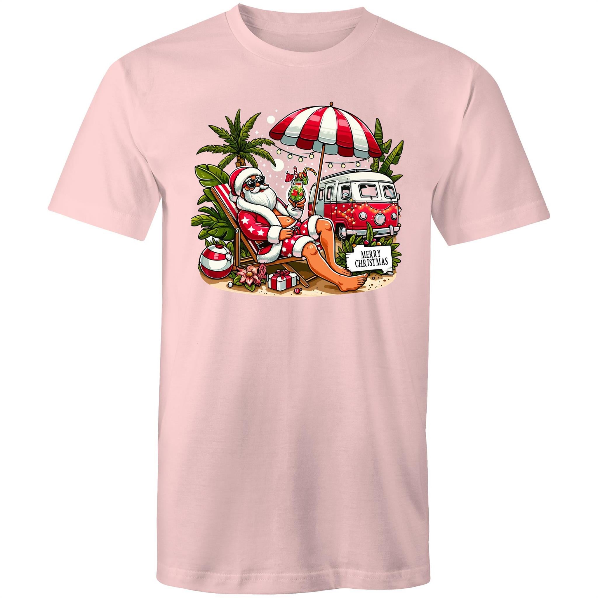 Santa By The Beach - Mens T-Shirt Pink Mens Christmas T-shirt Christmas Printed In Australia