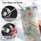 Books And Flowers In Green - 20oz Tall Skinny Tumbler with Lid and Straw