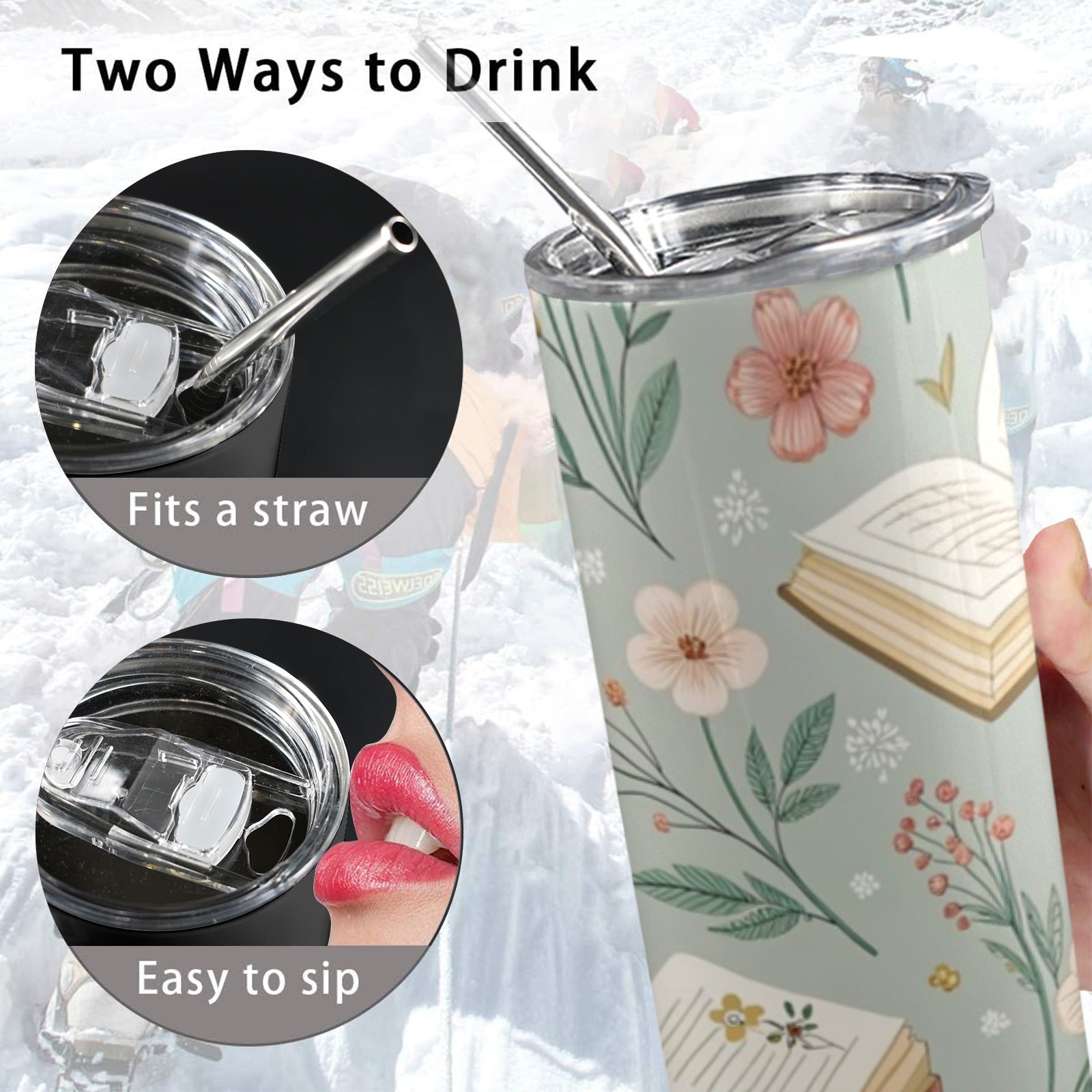 Books And Flowers In Green - 20oz Tall Skinny Tumbler with Lid and Straw