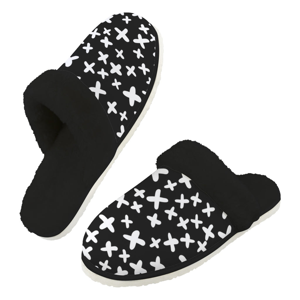 Black And White X's Men's Fur Trim Thick-Sole Indoor Slippers 2XL Men's Fur Trimmed Slippers Printed Offshore