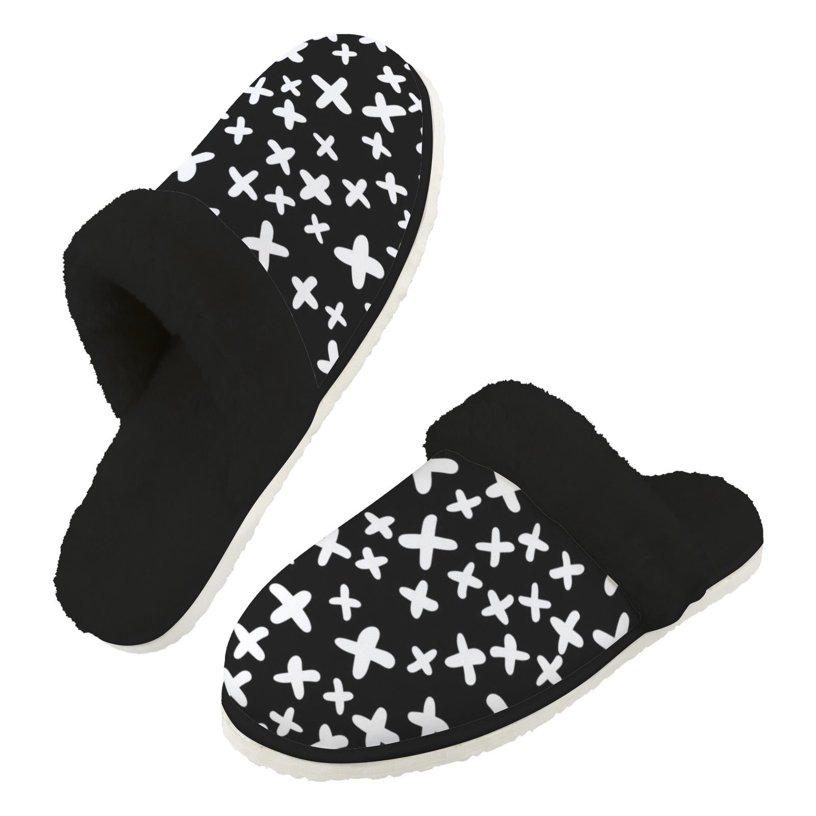 Black And White X's - Men's Fur Trim Thick-Sole Indoor Slippers 2XL Men's Fur Trimmed Slippers Printed Offshore