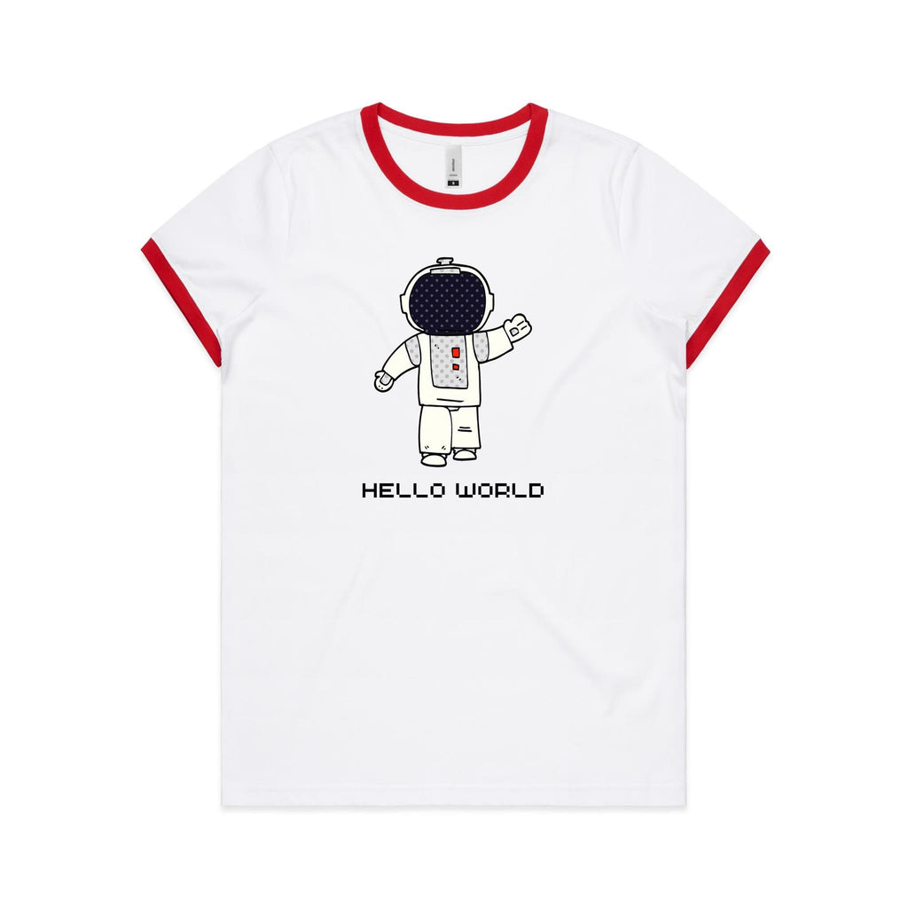 Astronaut, Hello World - Women's Ringer Tee White Red Womens Ringer T-shirt Printed In Australia Space
