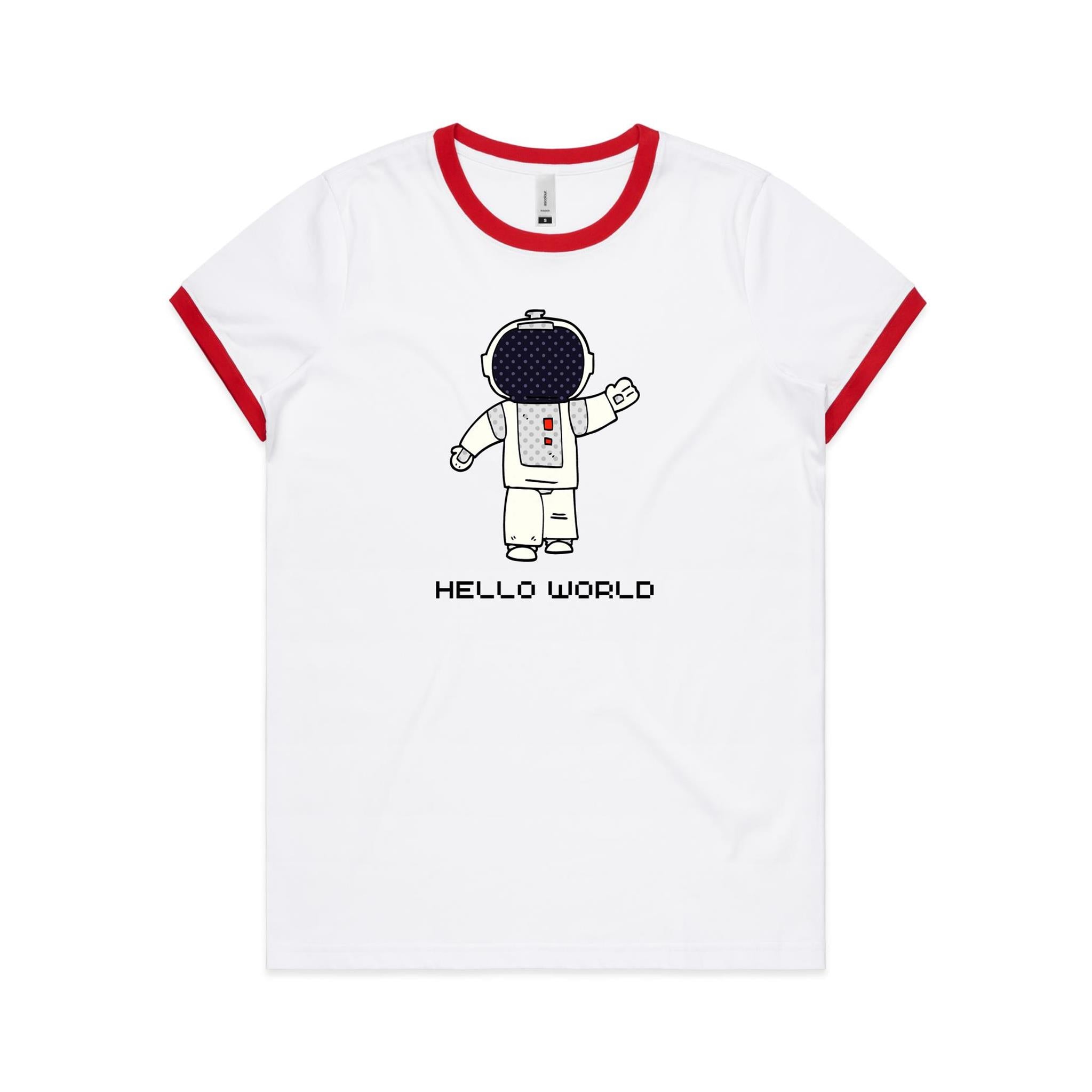 Astronaut, Hello World - Women's Ringer Tee White Red Womens Ringer T-shirt Printed In Australia Space