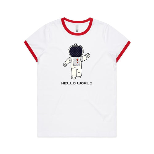 Astronaut, Hello World - Women's Ringer Tee White Red Womens Ringer T-shirt Printed In Australia Space
