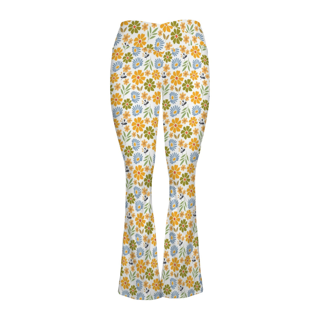 Retro Boho Flower High Waist Crossover Tummy Control Flare Leggings High Waist Flare Leggings Plants Printed Offshore