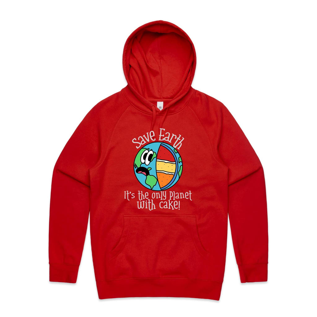 Save Earth, Its The Only Planet With Cake - Mens Hoodie Red Mens Hoodie Environment Food Printed In Australia