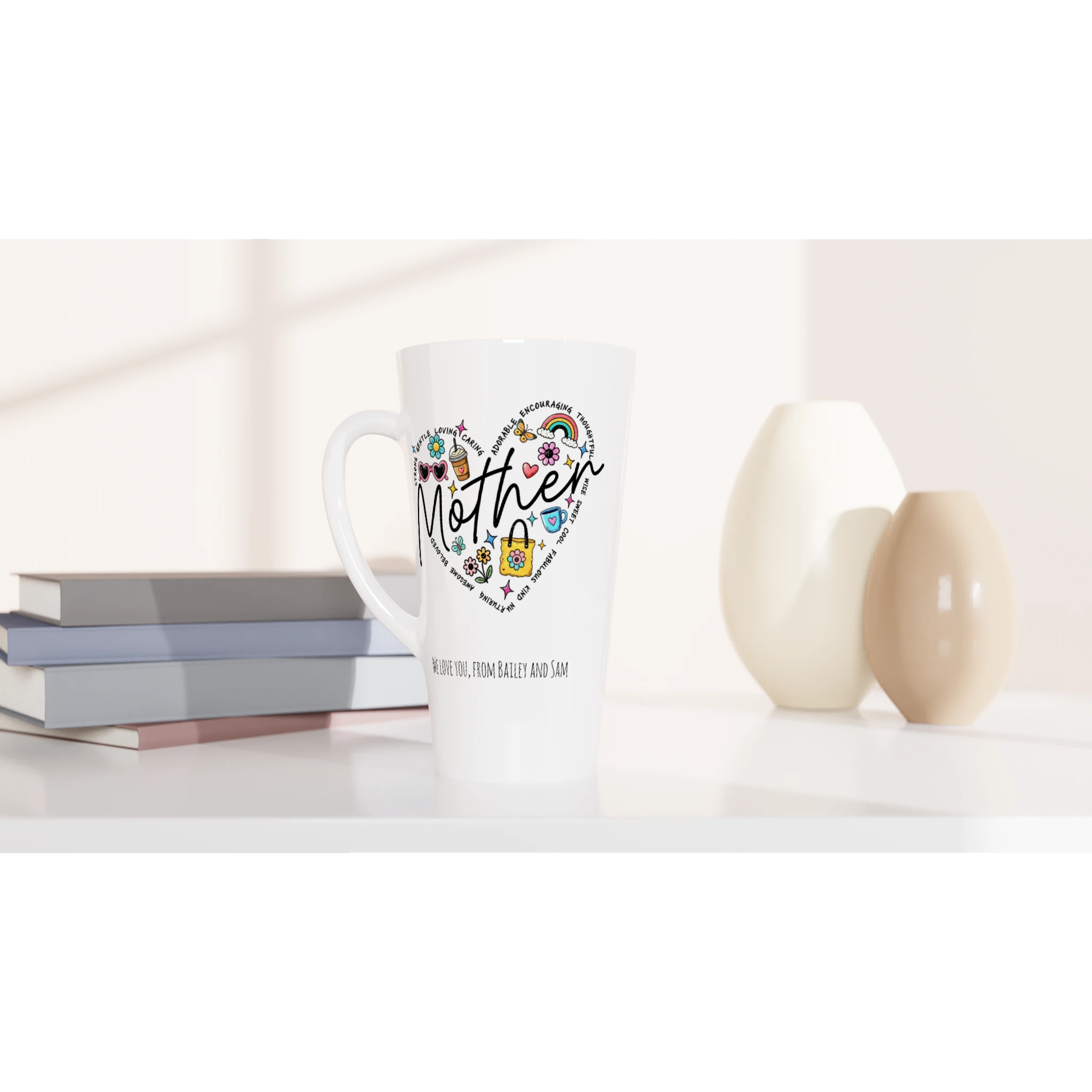 Personalise - Mother Heart Message - White Latte 17oz Ceramic Mug Personalised Latte Mug customise Globally Fulfilled Love Mum Name personalise