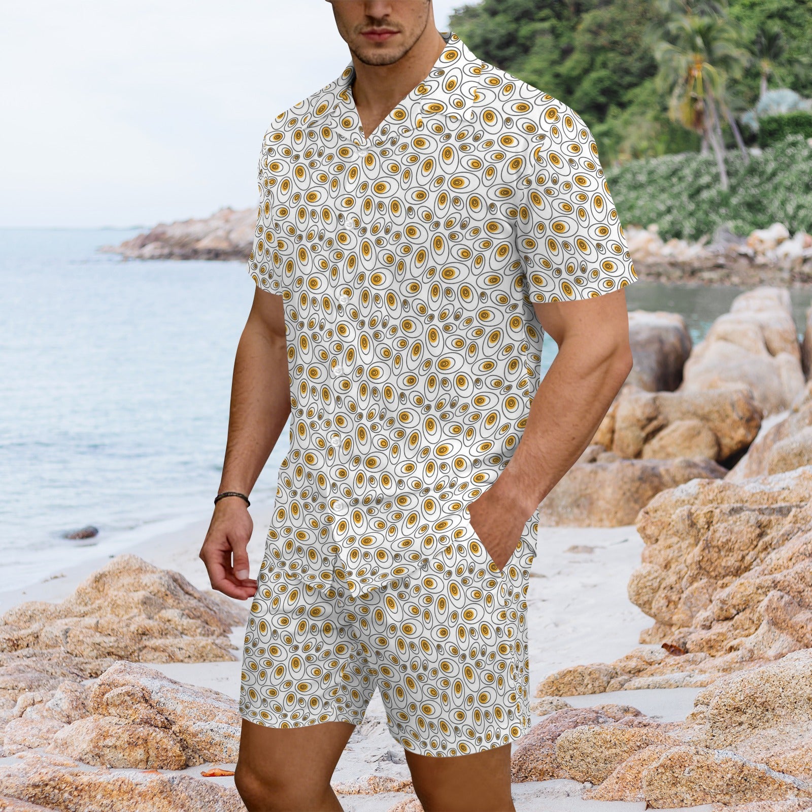 Abstract Eggs Men's Hawaiian Shirt & Shorts Set Men's Hawaiian Shirt & Shorts Set Food Printed Offshore