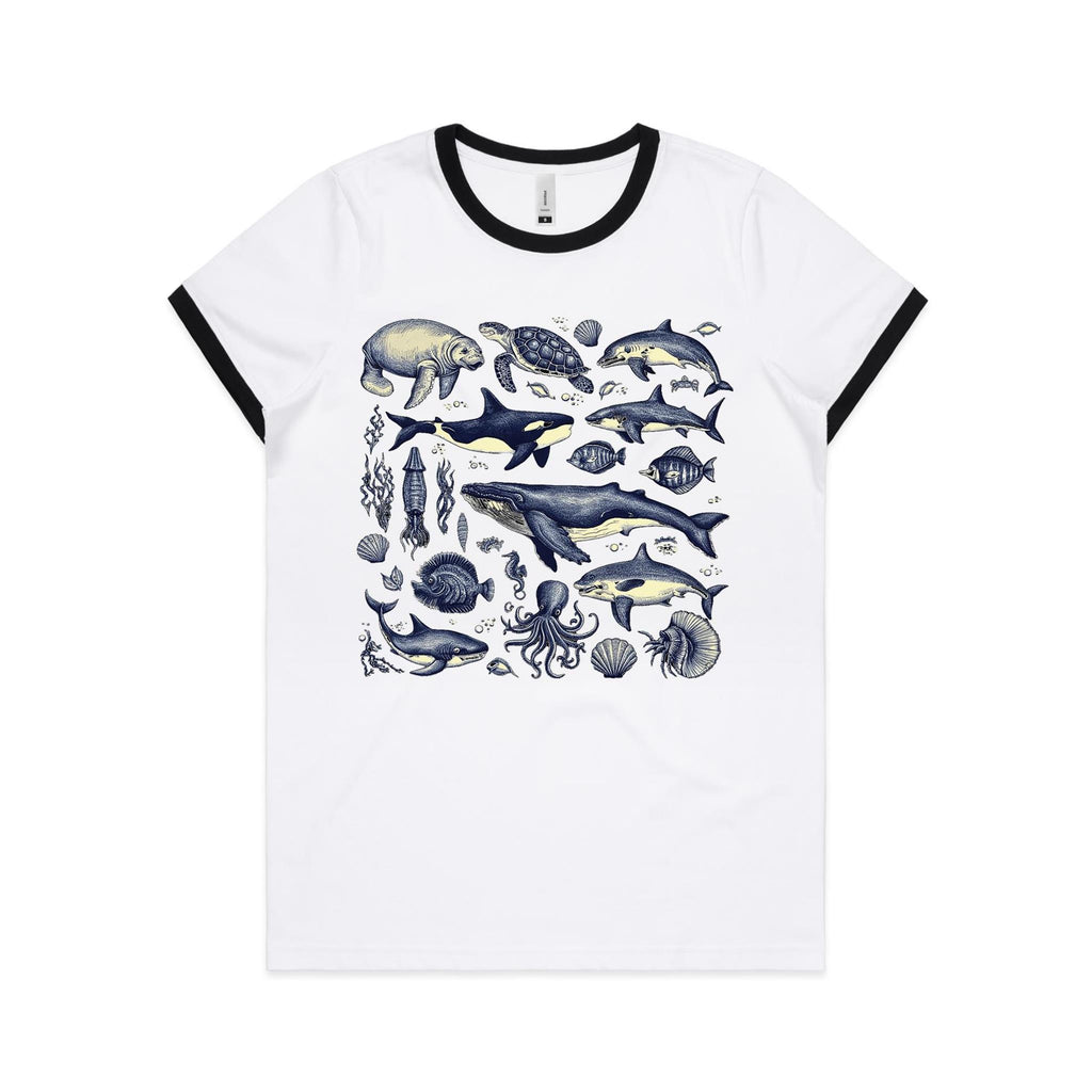 Sea Creatures - Women's Ringer Tee White Black Womens Ringer T-shirt animal Printed In Australia